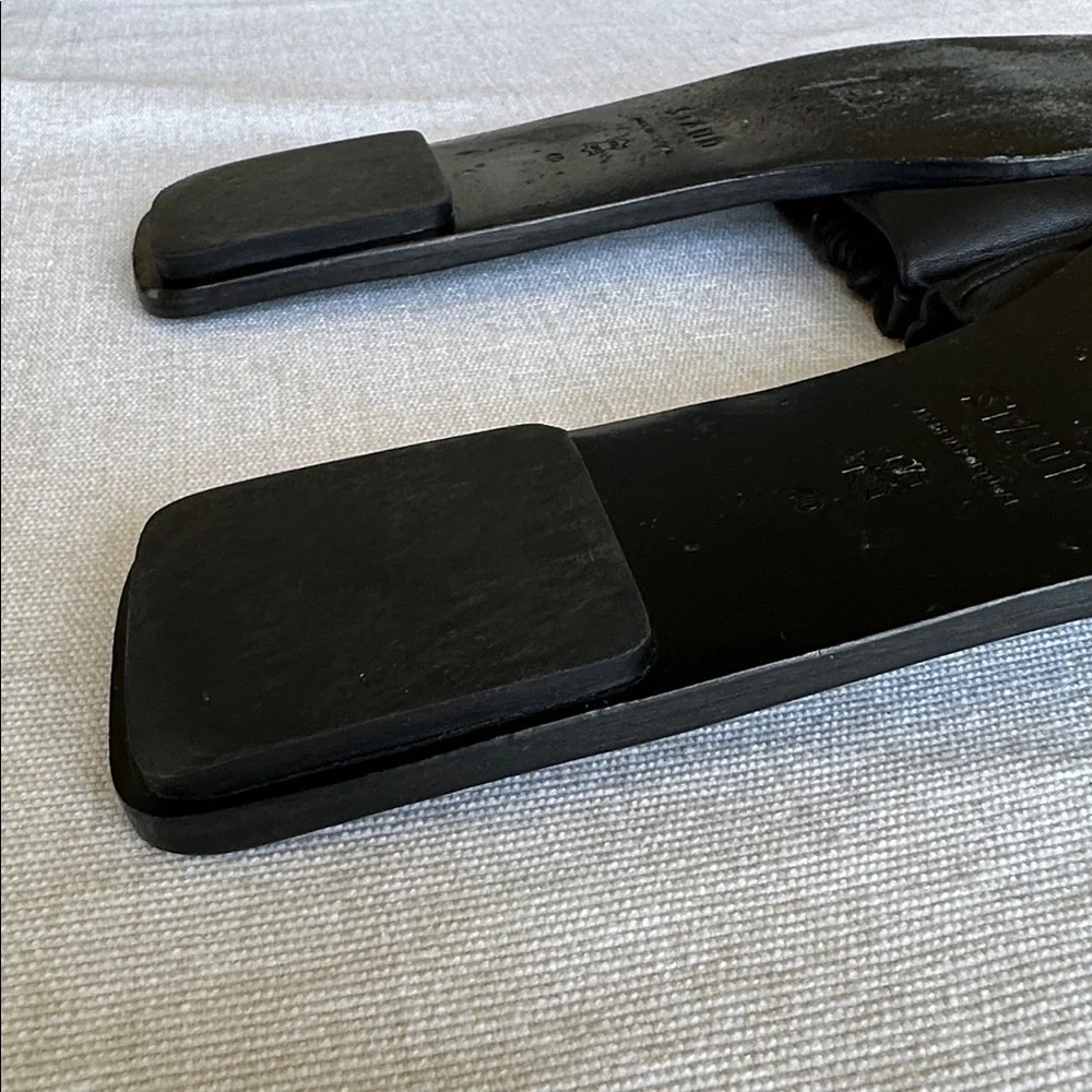 STAUD Black Nina Ruched Slide Slip On Leather Sandal Made in Portugal, Size 9